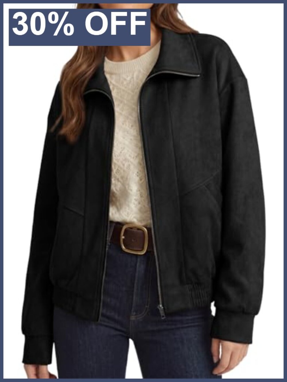 Faux Suede Long Sleeve Zip Up Casual Jacket Loose Fit